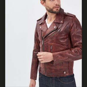Brown Leather Motorcycle Jacket with Distressed Finish Flannel Lined